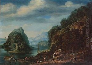 A Rhenish River Landscape With Shipwrights Repairing A Sailing Vessel And Other Figures Boarding Vessels On The Shore, A Rocky Island Beyond