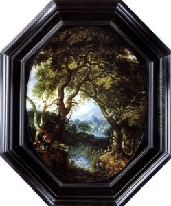 Weite Rheinlandschaft Mit Figuren Lastkahnen Und Einer Stadt Im Hintergrund by Herman Saftleven