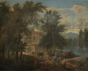 Travellers And Cowherds Before A Walled Village, An Italianate Landscape Beyond Travellers And Cowherds Before A Walled Village, An Italianate Landscape Beyond