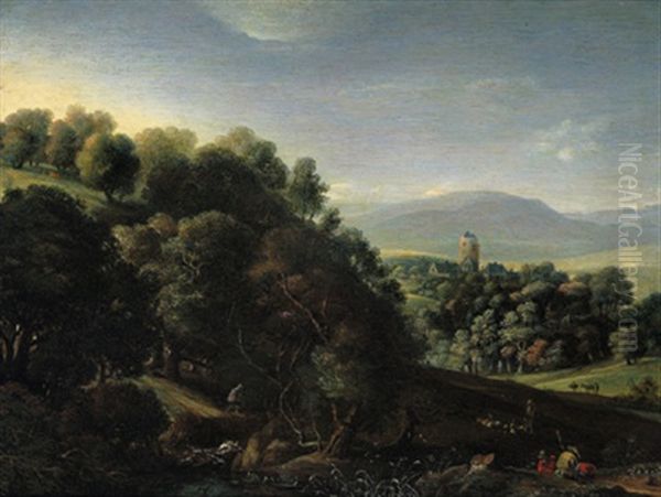 Bewaldete Landschaft Mit Rastenden Und Einem Hirten Mit Herde - view 1