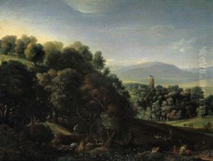 Bewaldete Landschaft Mit Rastenden Und Einem Hirten Mit Herde by Herman Saftleven