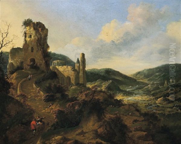Gebirgslandschaft Mit Ruinen Und Reisenden - view 1