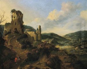 Gebirgslandschaft Mit Ruinen Und Reisenden Gebirgslandschaft Mit Ruinen Und Reisenden