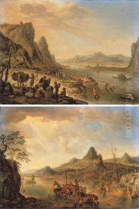A Rhenish Landscape With Fishermen And Peasants On A River Bank (+ A Rhenish Landscape With A Loaded Boat In The Foreground, A Town Beyond, 1675; 2 Works) by Herman Saftleven