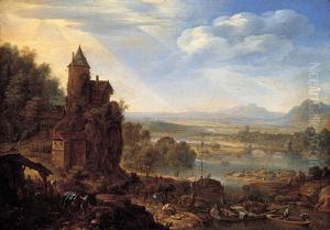 An Extensive Rhenish River Landscape With Figures Unloading Barges And Sailboats In The Foreground