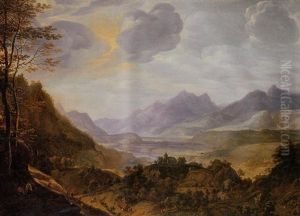 An Extensive Rhenish Landscape With Peasants Harvesting Near A Village by Herman Saftleven