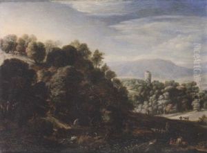 A Wooded Landscape With Figures Resting, A Traveller Crossing A Bridge And A Goatherd Tending His Flock, A View To A Village And Church Beyond