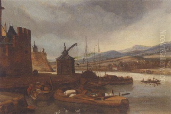 A River Landscape With Small Vessels Moored Beside A Quay - view 1