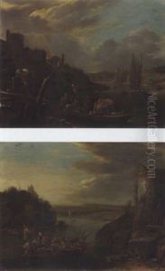 A River Landscape With Peasants Unloading A Boat At A Jetty; A River Landscape With A Peasant Pulling A Ferry Before A Watch Tower