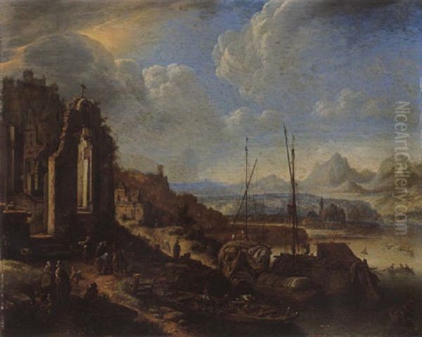 A Rheinish River Landscape Capriccio With Moored Boats, A Church Ruin, And A Castle Beyond - view 1