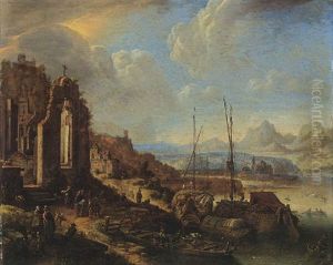 A Rhenish River Landscape Capriccio With Moored Boats, A Church Ruin, And A Castle
