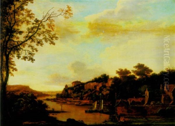 An Extensive River Landscape With Fishermen And Sailing Boats By A Walled Town, Other Buildings Beyond - view 1