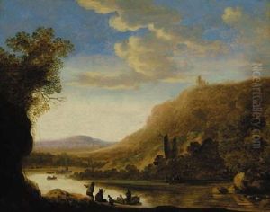 A Mountainous River Landscape With Peasants, Travellers And Muleteers By A Ferry by Herman Saftleven