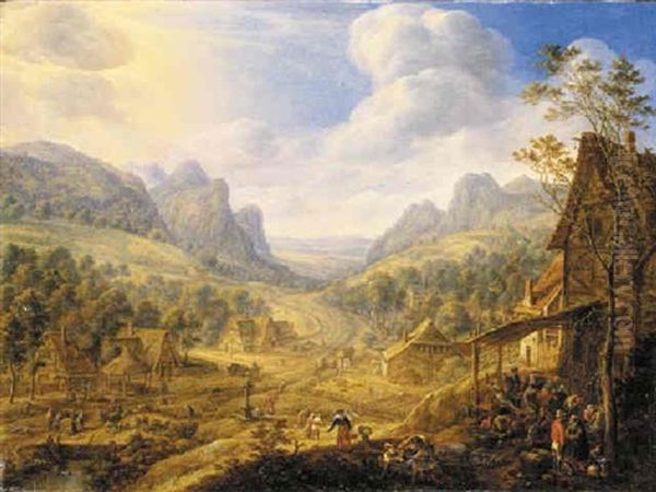 An Extensive Rhenish Landscape With Peasants Carousing Outside An Inn, A Village With Figures Beyond - view 1