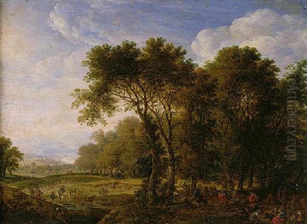 A Wooded Landscape With Figures Picnicking, Others Harvesting Beyond - view 1