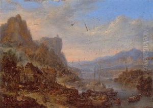 Flusslandschaft Mit Beladenen Schiffen Und Booten, Links Auf Einer Anhohe Hauser