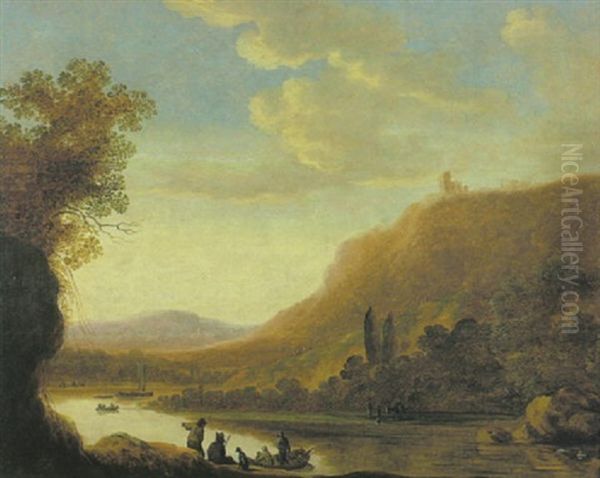 Fluslandschaft Mit Einer Fahre Vorn Am Ufer Und Ruderbooten Und Segelschiff Auf Dem Wasser - view 1