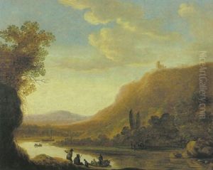 Fluslandschaft Mit Einer Fahre Vorn Am Ufer Und Ruderbooten Und Segelschiff Auf Dem Wasser