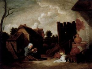 Gardsbild Med Kvinna Och Katt by Herman Saftleven