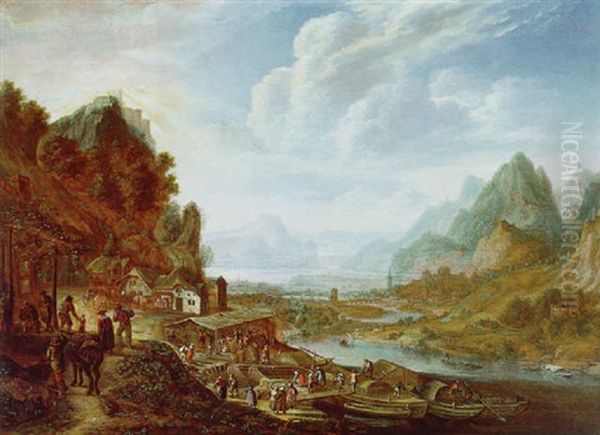 Gebirgige Fluslandschaft Mit Anglegenden Schiffen, Handlern Und Reisenden - view 1