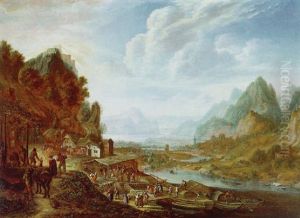 Gebirgige Fluslandschaft Mit Anglegenden Schiffen, Handlern Und Reisenden