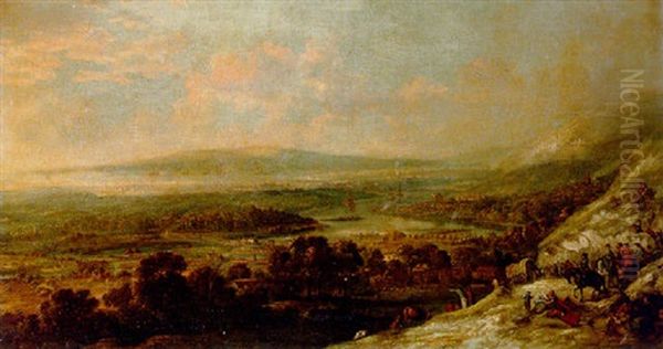 A Military Column Descending To A River Plain With A Town Under Naval Bombardment Beyond - view 1
