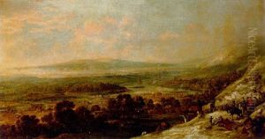 A Military Column Descending To A River Plain With A Town Under Naval Bombardment Beyond