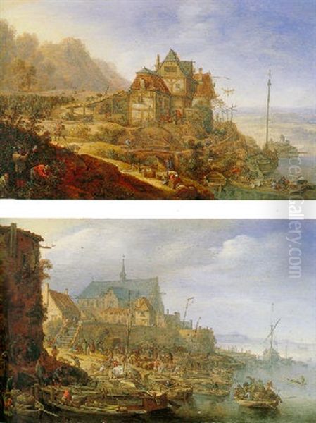Rhenish River Landscape With Figures And Barges Near A Large House - view 1