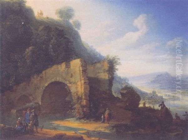 Peasants And Travellers By A Broken Bridge In A Rhenish Landscape, Fishermen Near A Landing Stage Beyond - view 1