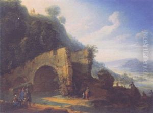 Peasants And Travellers By A Broken Bridge In A Rhenish Landscape, Fishermen Near A Landing Stage Beyond by Herman Saftleven