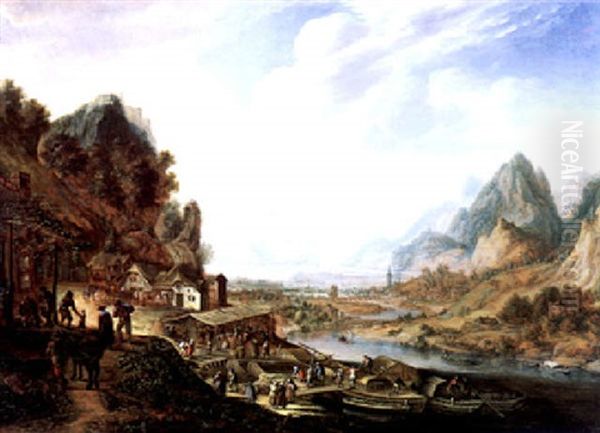 Gebirgige Flusslandschaft Mit Anlegenden Schiffen, Bauern Und Handlern - view 1