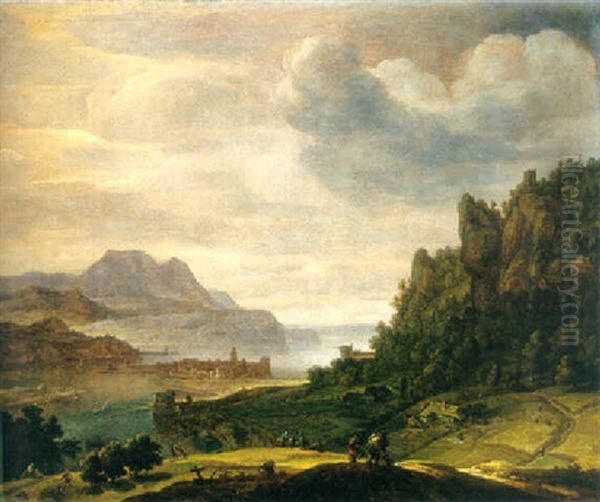 Peasants Returning From Market On A Mountain Path, Harvesters At Work In A Field Beyond - view 1