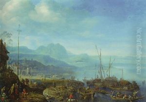 A View Of Linz Am Rhein, With Barges Unloading At Quay, An Inn Nearby by Herman Saftleven