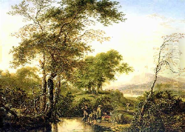 An Extensive Italianate River Landscape With Travellers Resting By A Pool - view 1