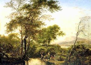 An Extensive Italianate River Landscape With Travellers Resting By A Pool by Herman Saftleven