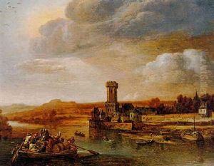River Scene With A Ferry Boat And Castle