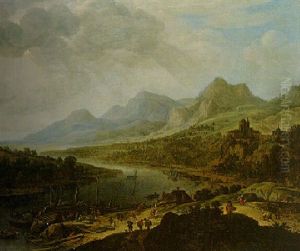 A Rhenish Landscape With Traders Unloading Barges At A Riverbank
