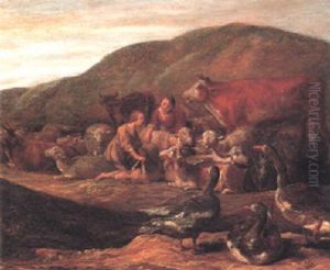 Shepherds Shearing Sheep With Other Livestock by Herman Saftleven