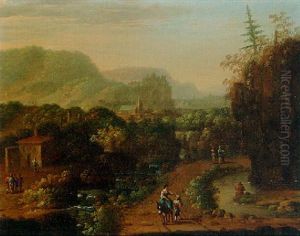 A Rhenish Landscape With Peasants On Paths By A Church by Herman Saftleven