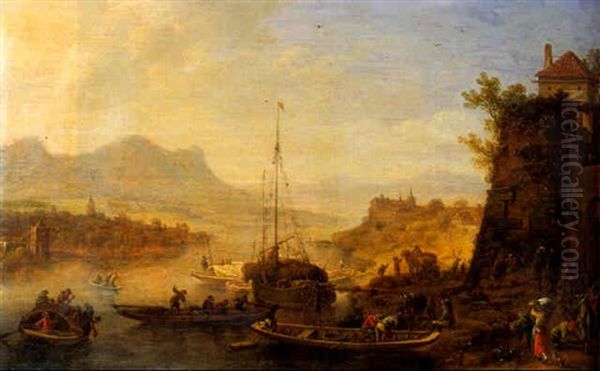 A Rhenish Landscape With Merchants And Sailors On A Landing Stage - view 1