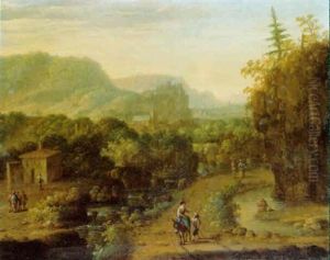 An Extensive Rhenish Landscape With Peasants On Paths By A Church
