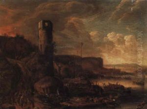 A River Landscape With Barges Moored Below A Ruined Tower