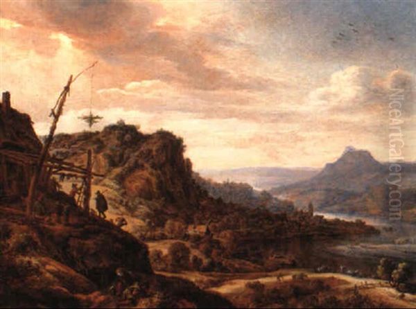 A Rhenish River Landscape At Sunset - view 1
