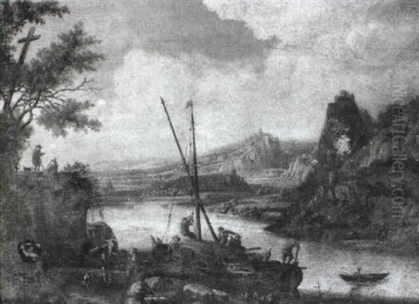 River Landscape With Merchants Unloading Their Wares - view 1