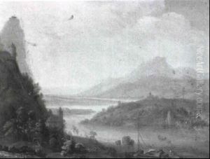 Mountainous River Landscape With Figures Tending Boat by Herman Saftleven