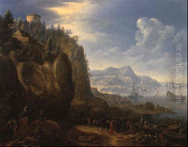 A Rhenish Landscape With Moored Vessels By A Landing Stage - view 1