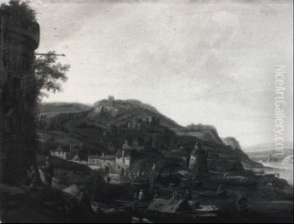 Rhenish Landscape With Vessels Moored In A Harbour - view 1