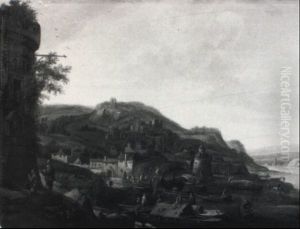 Rhenish Landscape With Vessels Moored In A Harbour by Herman Saftleven