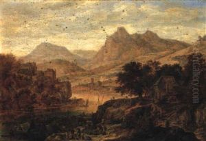 Rhenish Landscape With Barges Moored At A Landing Stage by Herman Saftleven
