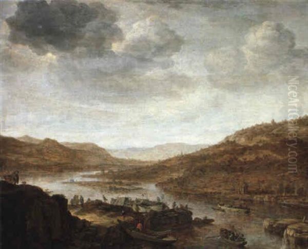 Rhenish Landscape With Moored Barges At A Landing Stage - view 1
